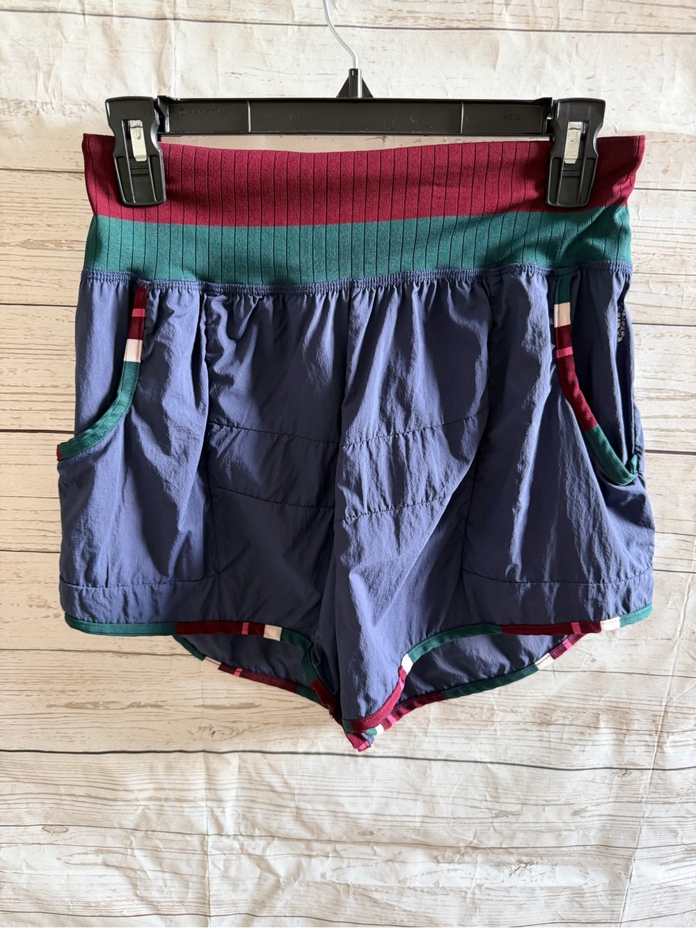 Lightweight blue Athletic Shorts with Green & Burgundy Waistband